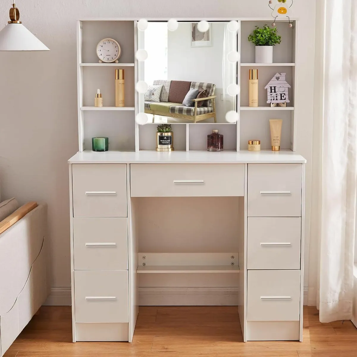 Large Dressing Table LED Lights Drawers White - Image 1