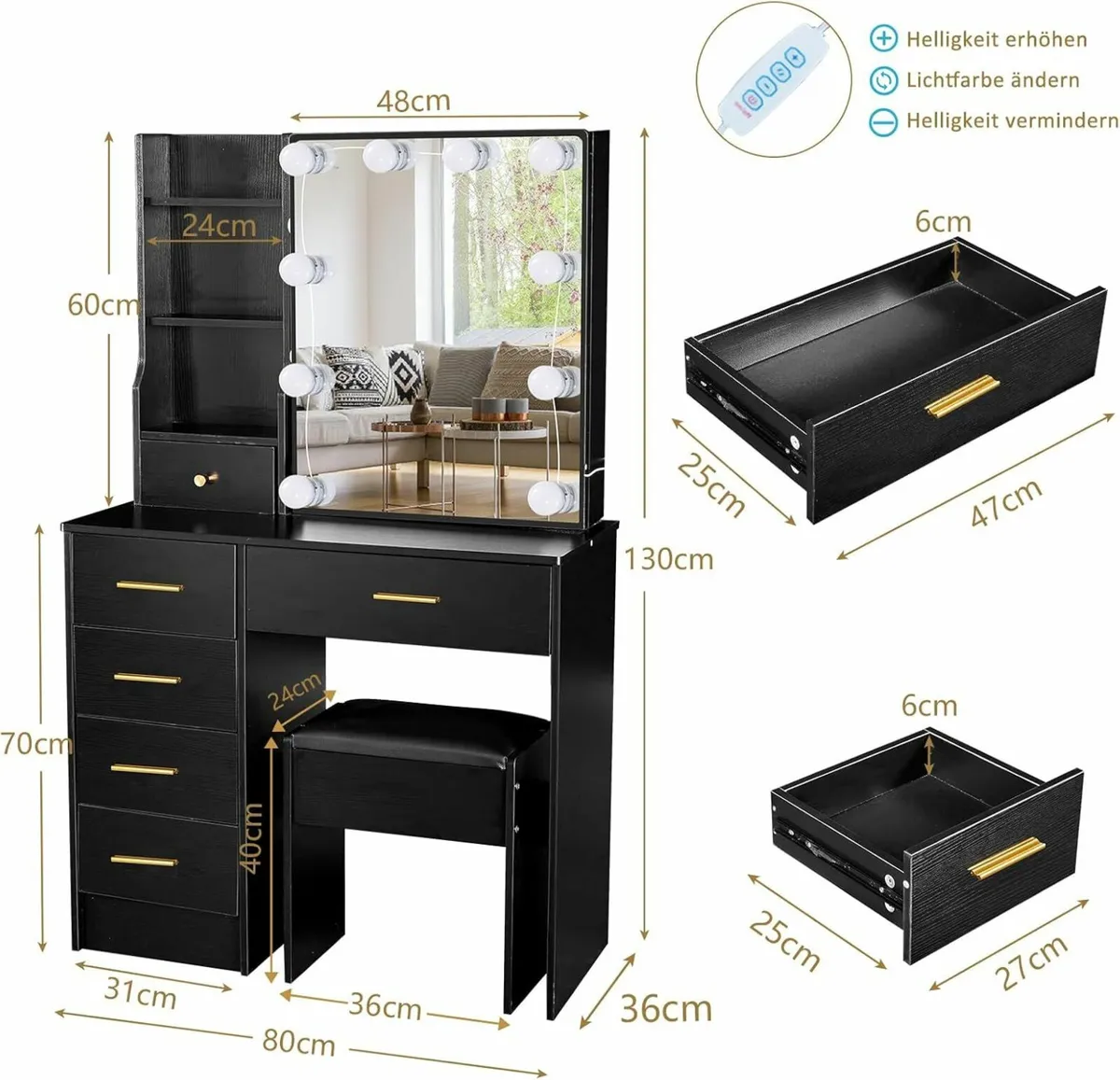 Dressing Table LED Lights, Vanity Table Black - Image 2