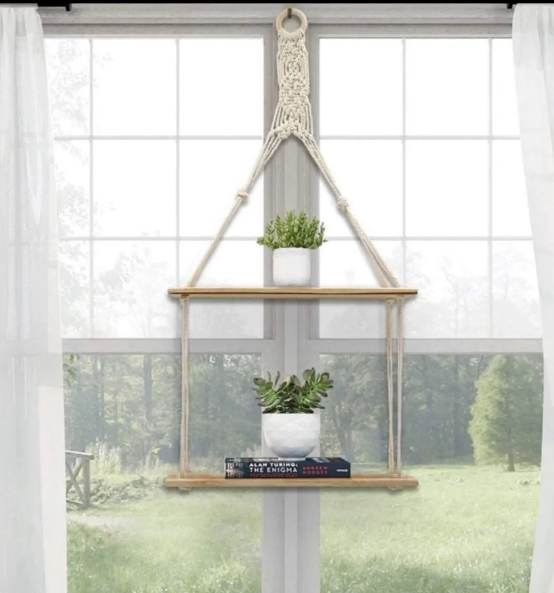 NEW 2 Tier Hanging Floating Rope Wooden Shelves - Image 2