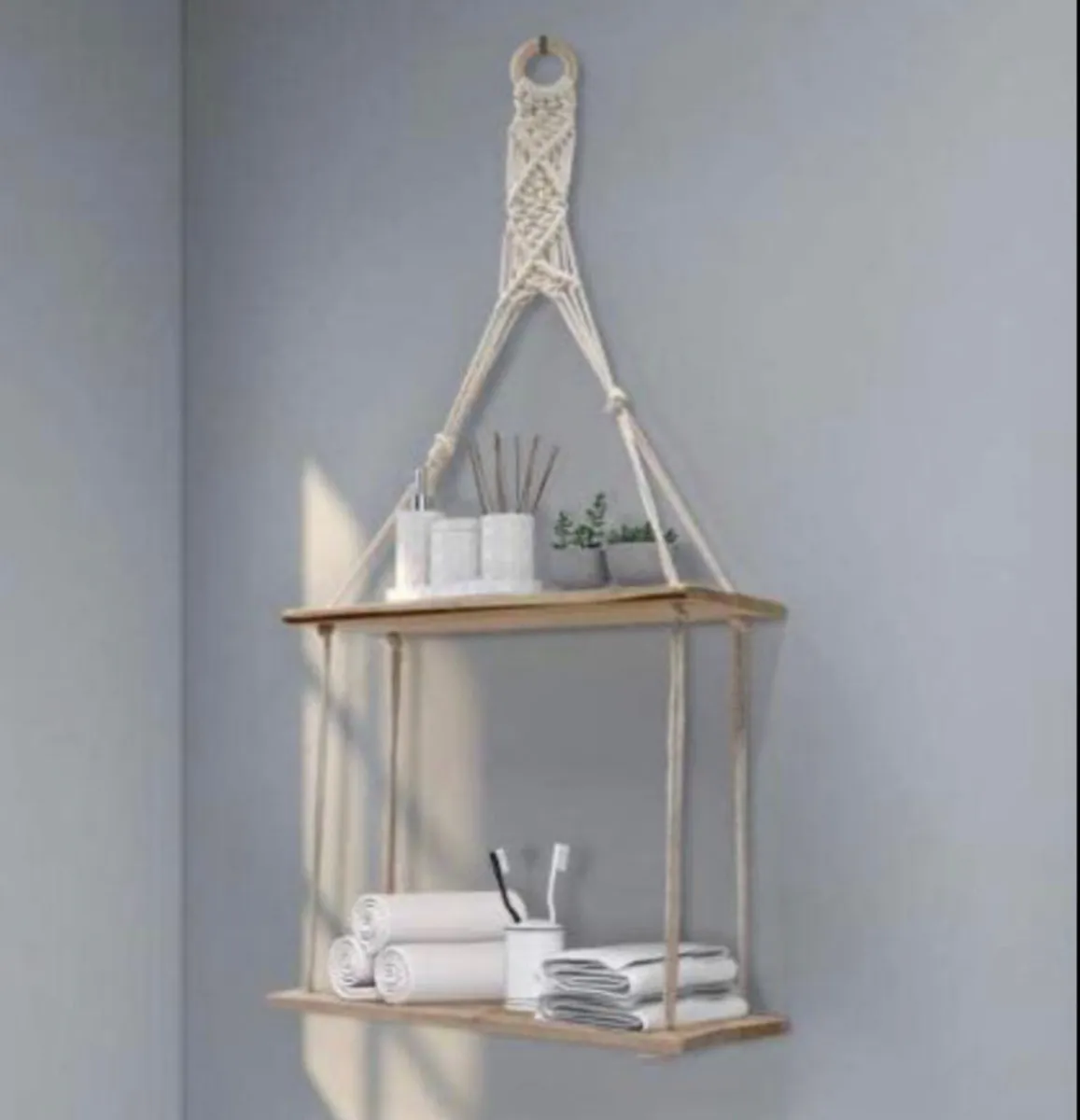 NEW 2 Tier Hanging Floating Rope Wooden Shelves - Image 4
