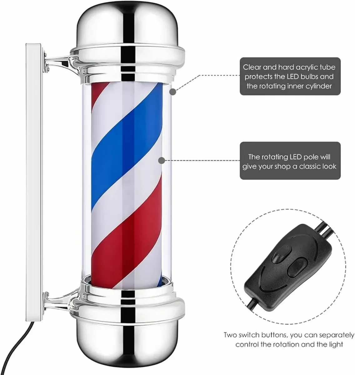 Barber Pole Sign LED Red White Blue Rotating - Image 3