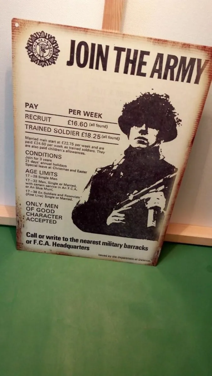 Irish army 1972 recruitment poster tin sign - Image 1