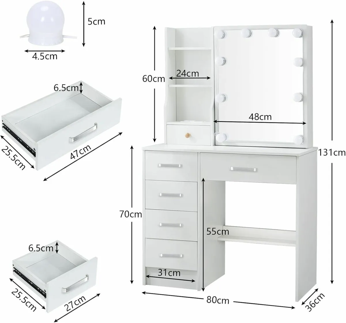 Dressing Table LED Lights Vanity Table Drawers - Image 2