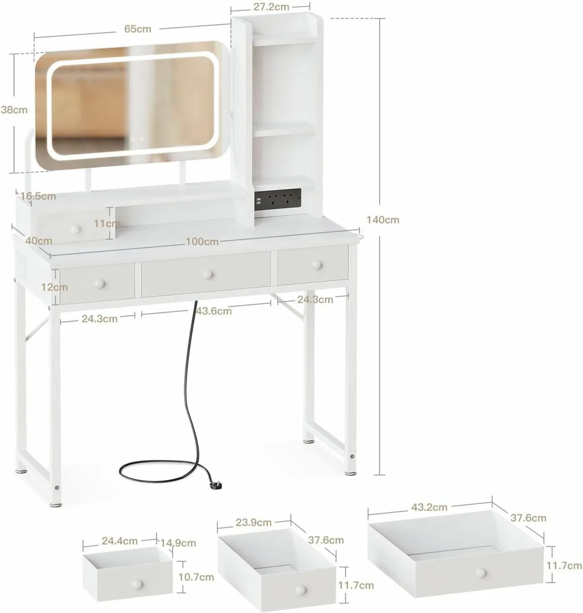 Dressing Table Adjustable LED Desk Vanity Drawers - Image 3