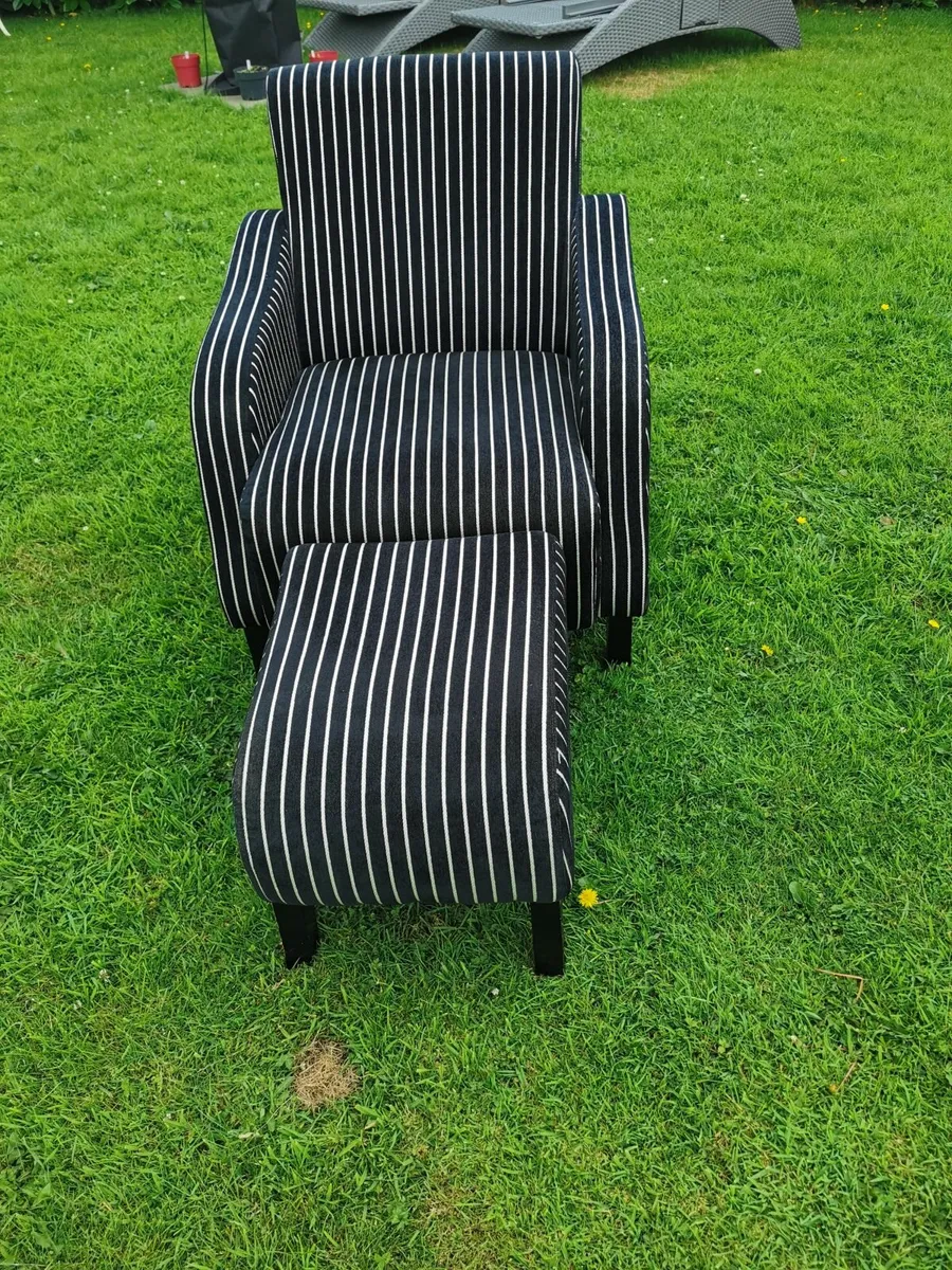 Black & White Striped Armchair with Footstool - Image 1