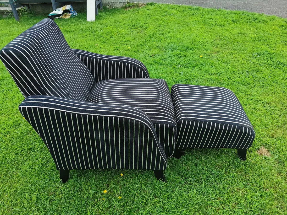 Black & White Striped Armchair with Footstool - Image 2