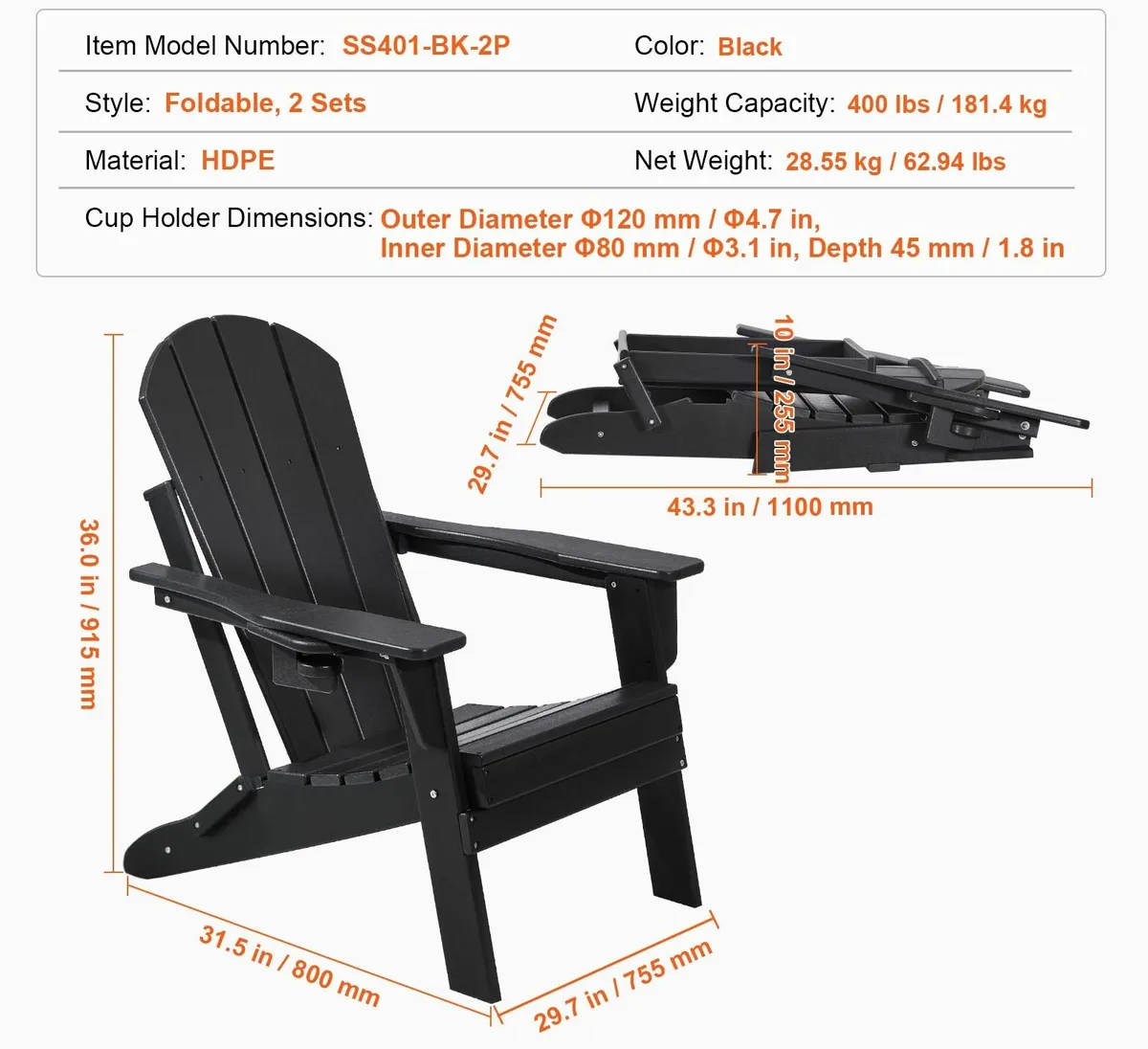Adirondack Chair Plastic Set of 2 All-Weather Fold - Image 4
