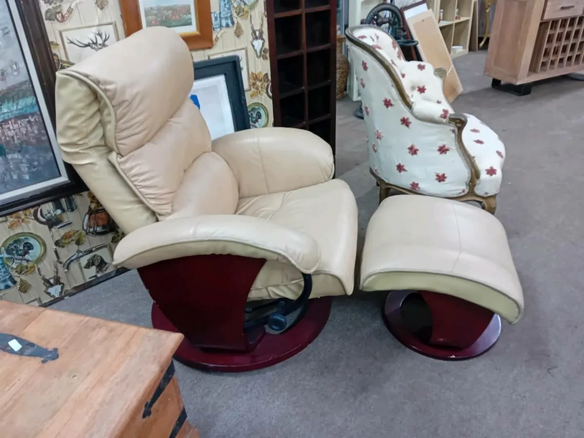 Real Leather Swivel Armchair With Footstool
