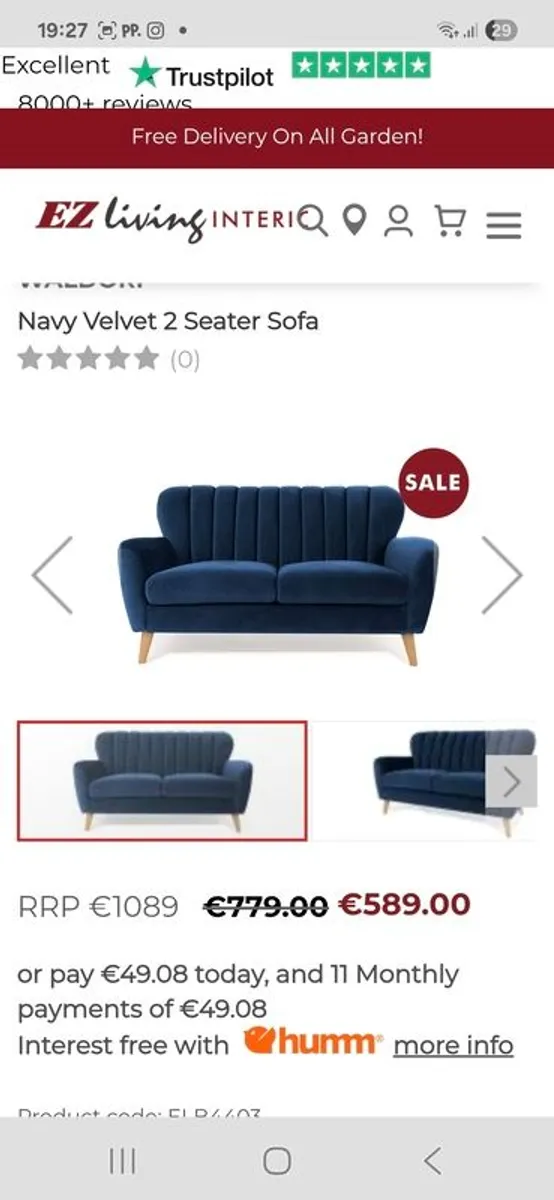 2 Seater navy velvet sofa excellent condition - Image 2
