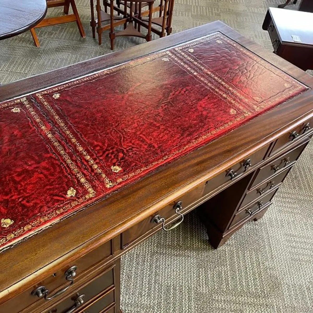 Beautiful mahogany red leather top twin pedestal w - Image 3