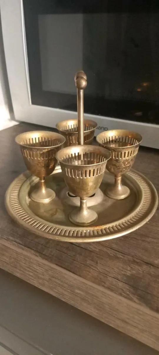 Antique Silver 4 egg cups on stand made in England - Image 1