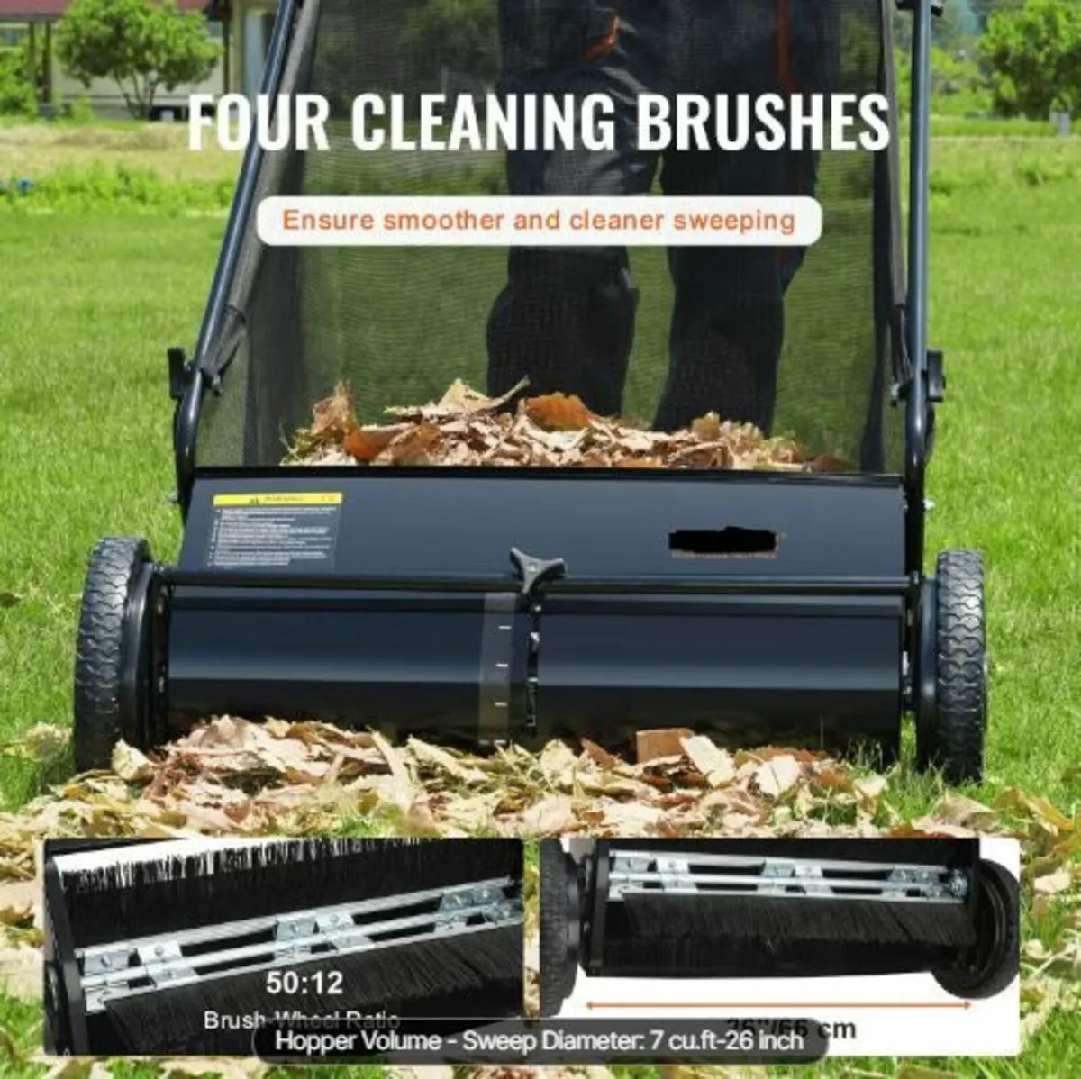 Push Lawn Sweeper, 26-inch Leaf & Grass Collector - Image 4