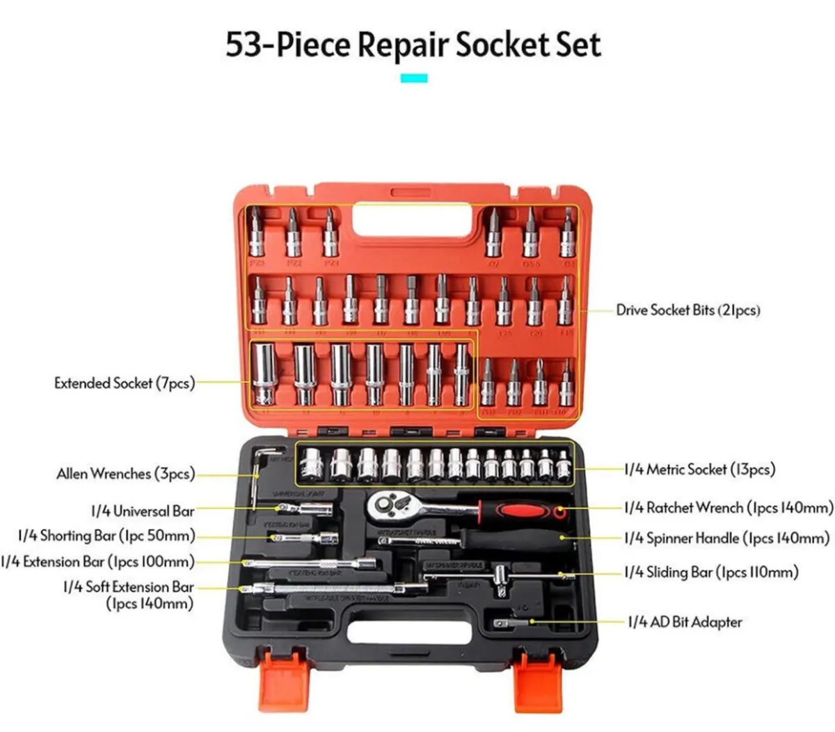 53Pcs Set 1/4" Socket Ratchet Wrench Kit NEW - Image 2