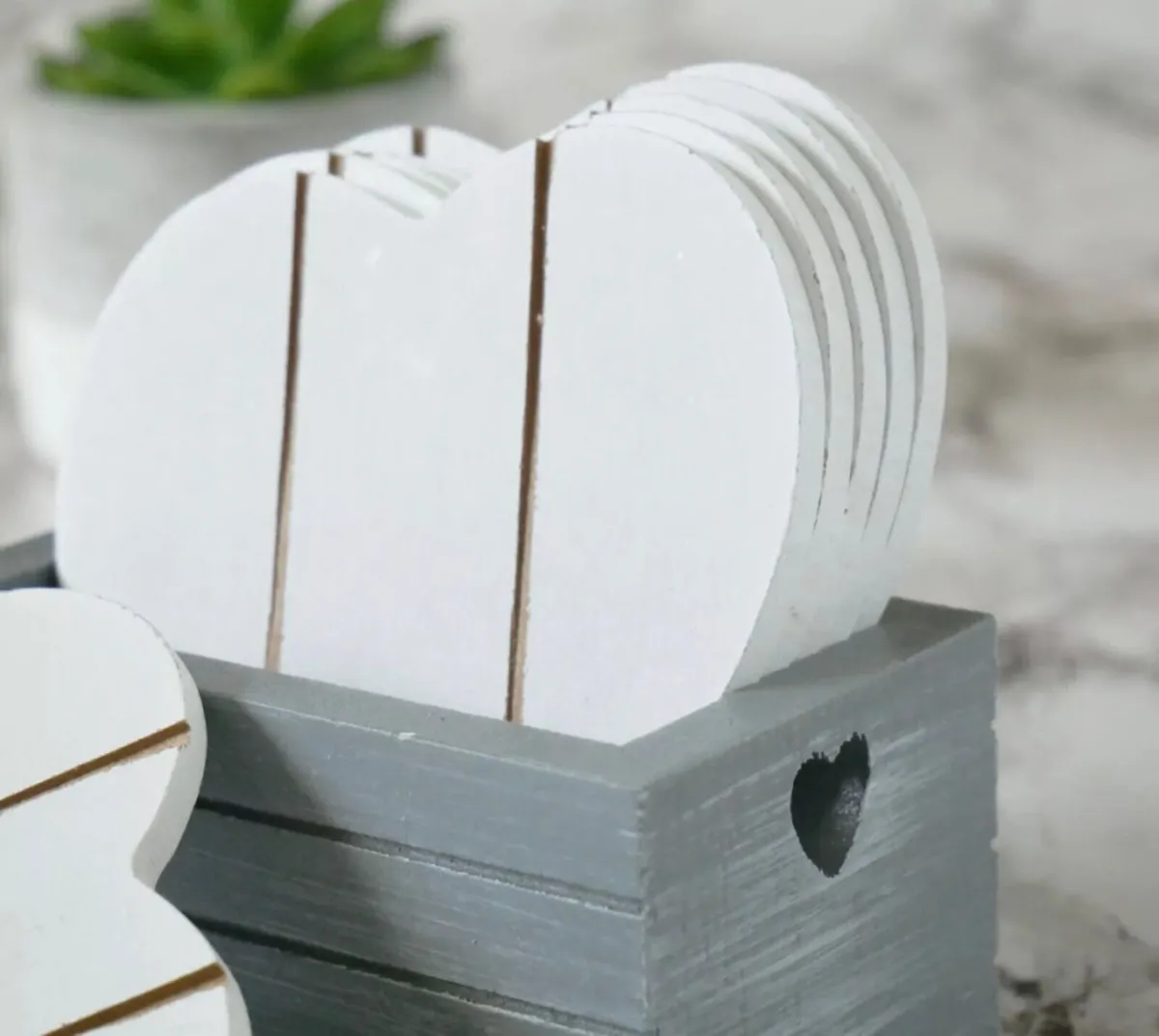 6pc Grey Wooden Heart Coasters & Holder NEW - Image 3