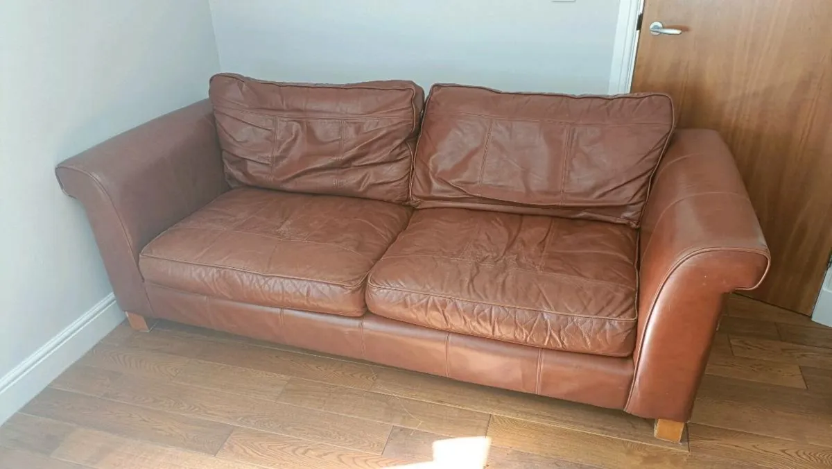 Brown leather couch and armchair - Image 1