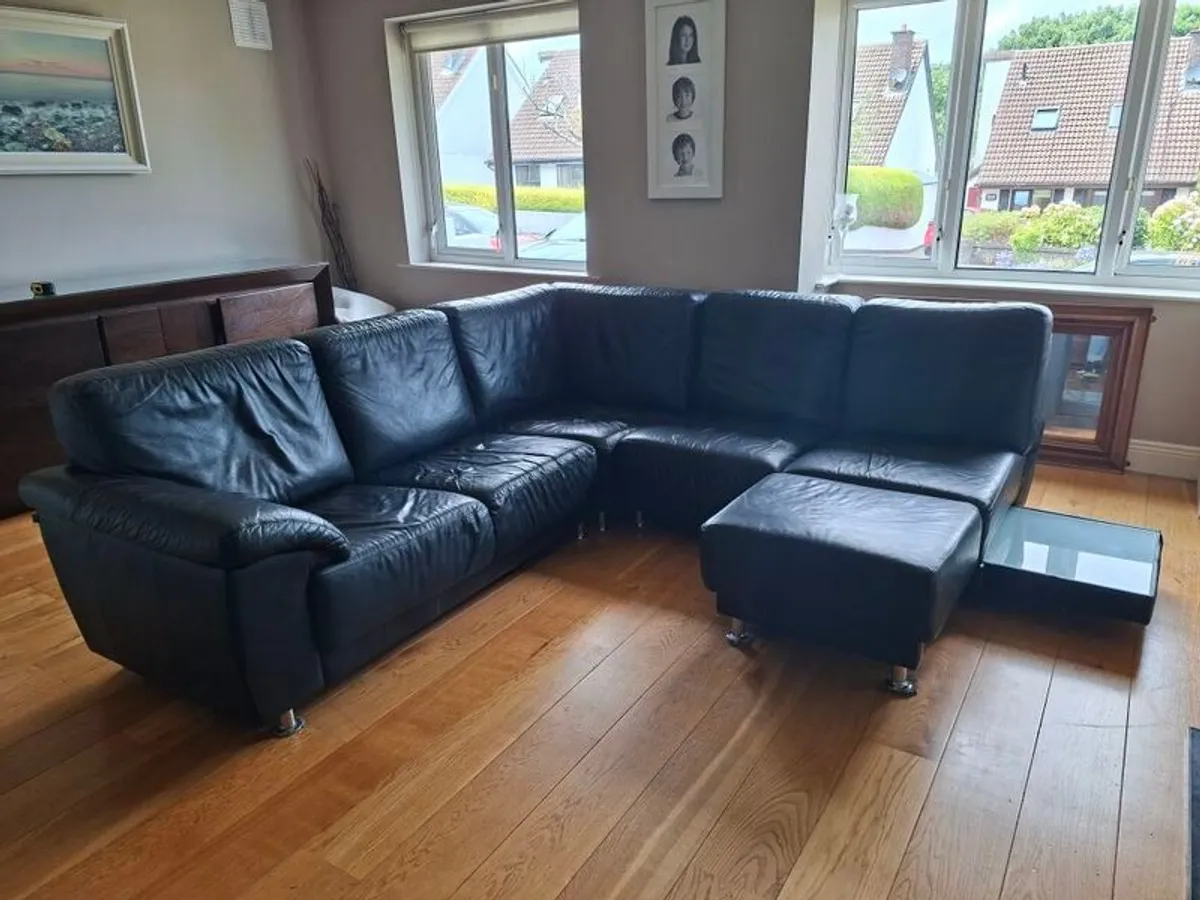 black leather L shape couch - Image 1