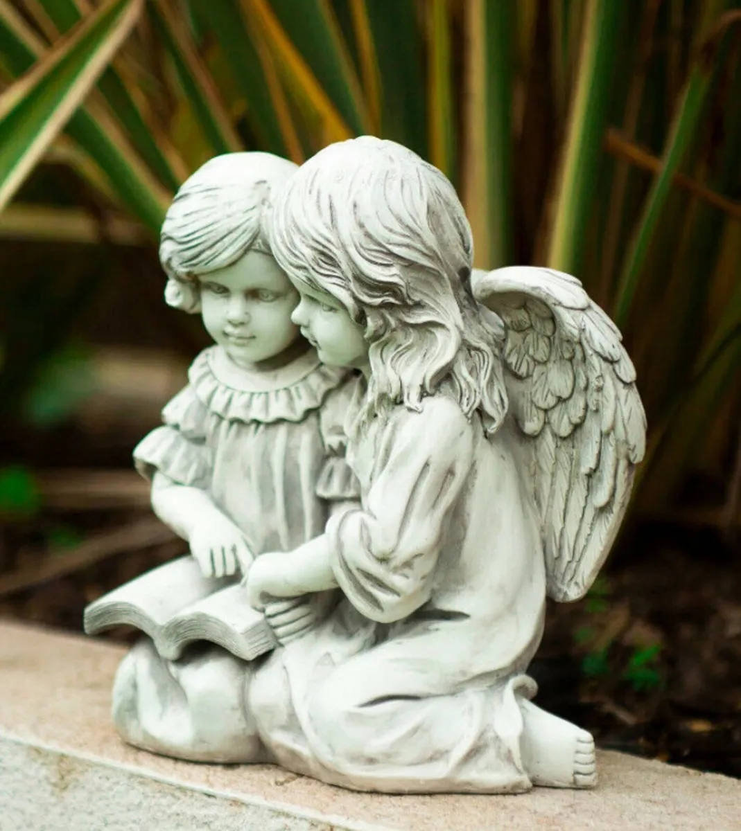 Stone Effect Guardian Angel & Girl Statue Garden - Image 2
