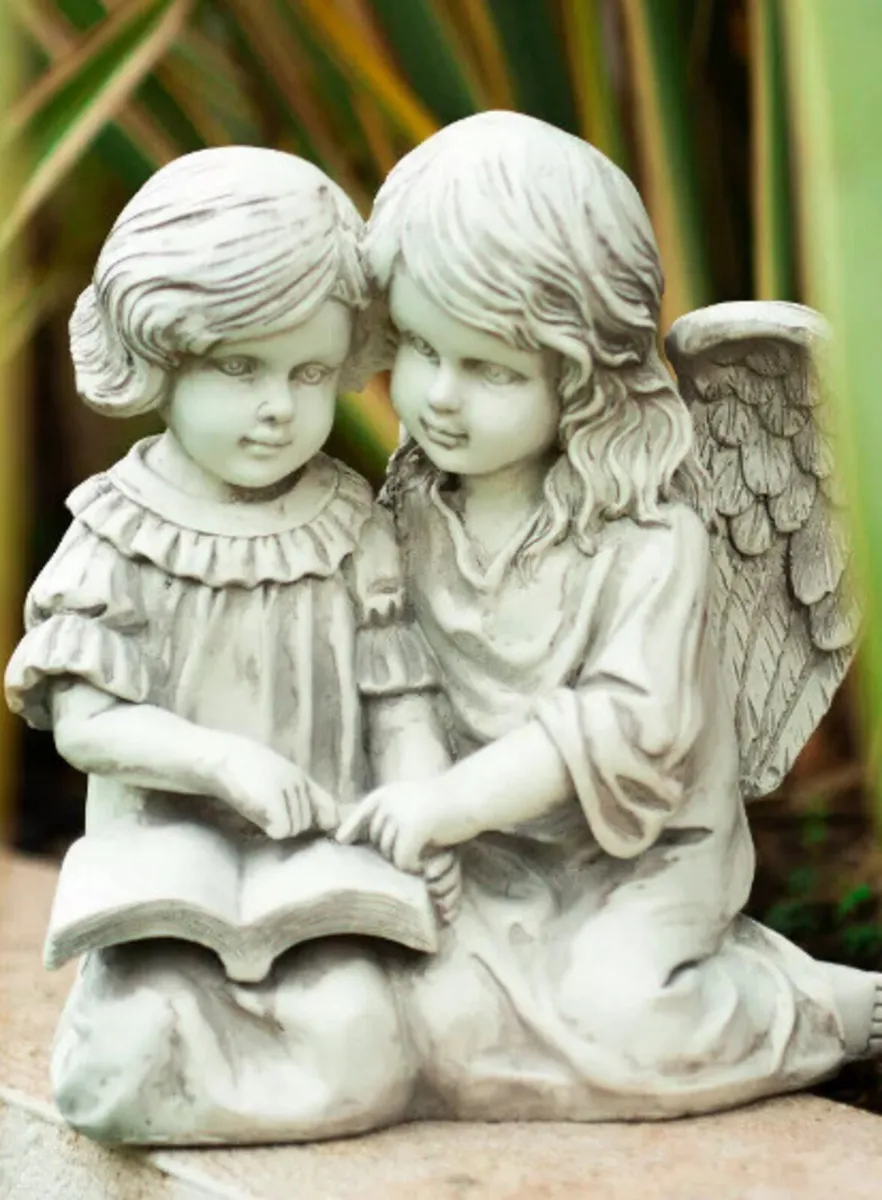 Stone Effect Guardian Angel & Girl Statue Garden - Image 3