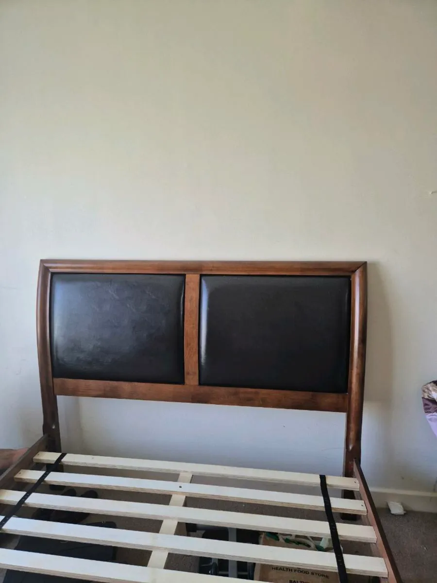 King size wood and leather bedframe and mattress - Image 1