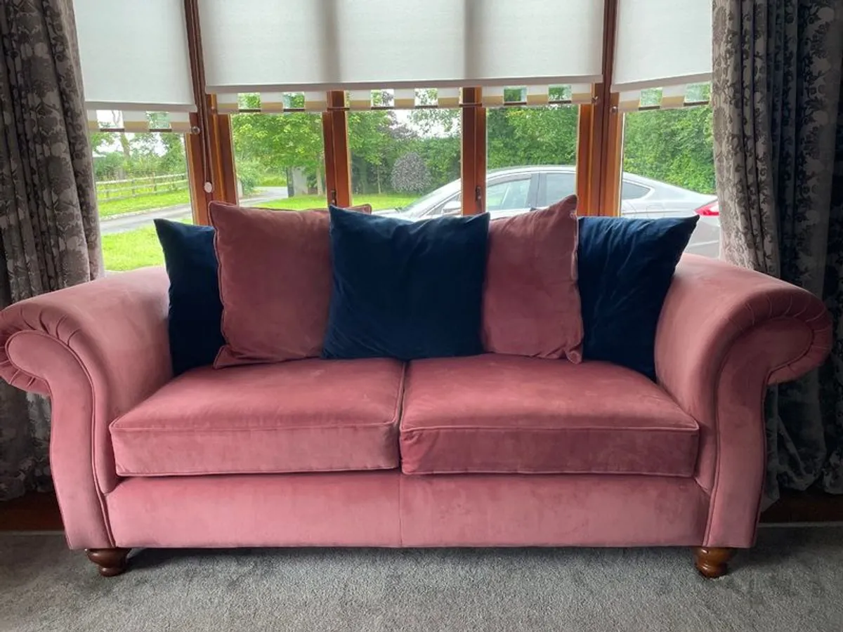 Stylish & comfortable 3 seater & 2 seater, plus deep button stool in navy velvet. - Image 1