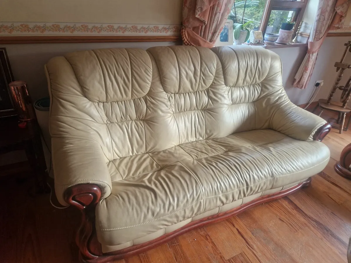 Cream Leather Couch and 2 Arm Chairs - Image 1