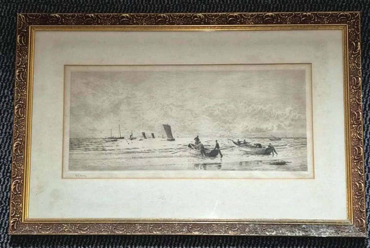 Dry point etching, print. William Lionel Wyllie (1851-1931) Shipping off Portsmouth & Fishing boats putting out to sea. - Image 1