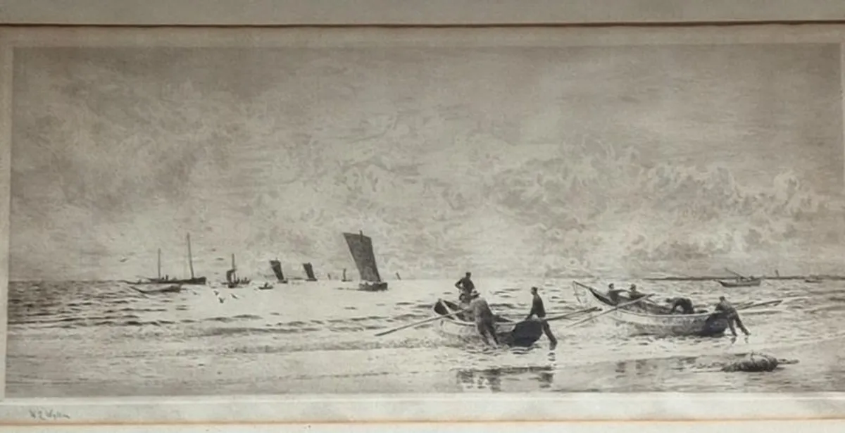 Dry point etching, print. William Lionel Wyllie (1851-1931) Shipping off Portsmouth & Fishing boats putting out to sea. - Image 2