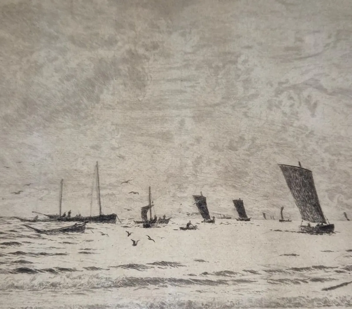 Dry point etching, print. William Lionel Wyllie (1851-1931) Shipping off Portsmouth & Fishing boats putting out to sea. - Image 4