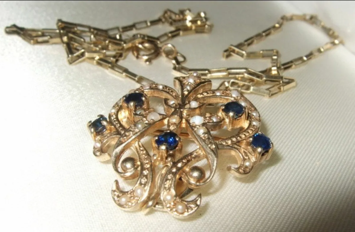 Vintage 9ct Gold/Sapphire and Pearl Pendant/Chain - Image 4