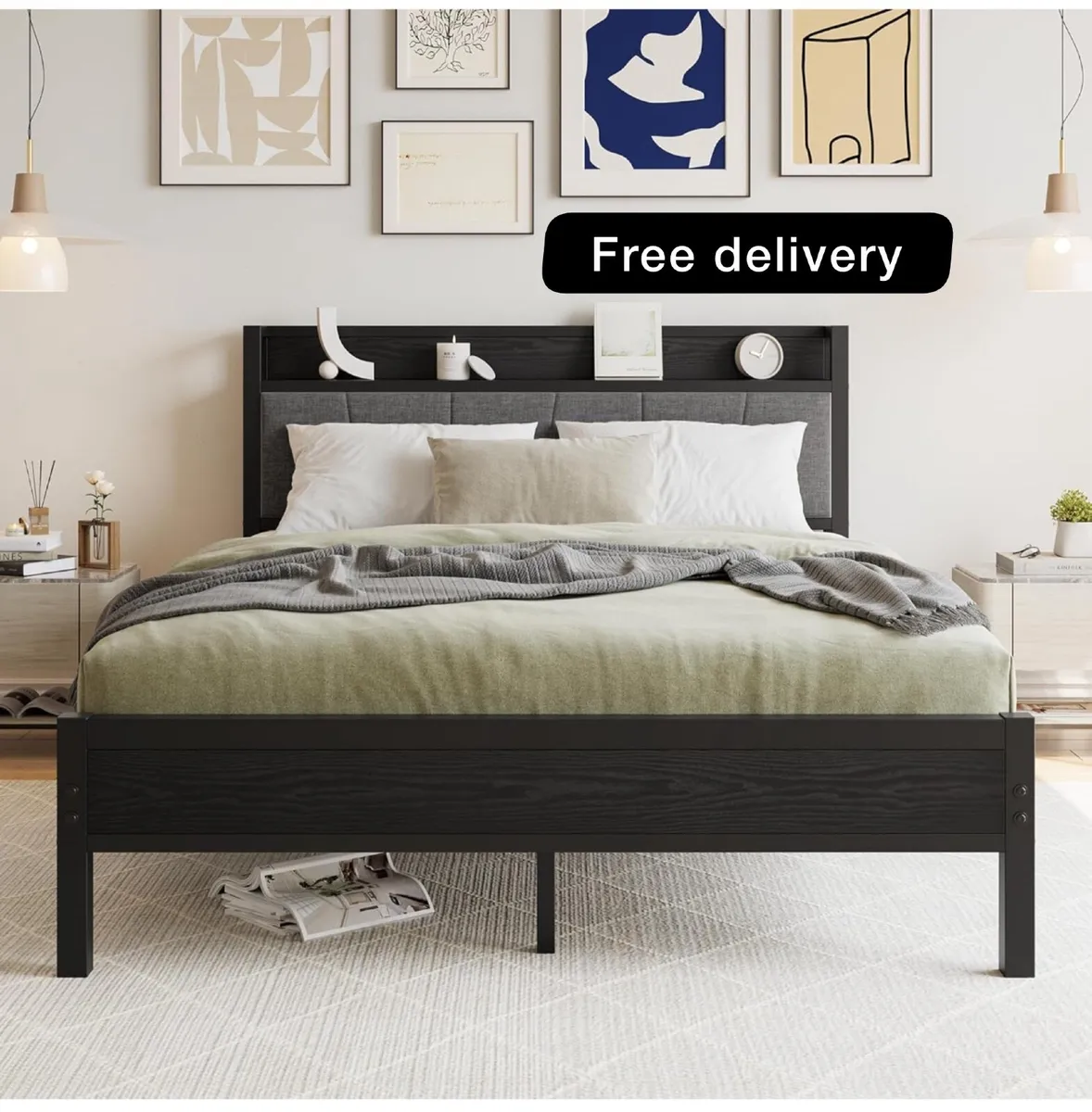 King Size Bed Frame with Wooden Storage Headboard - Image 1