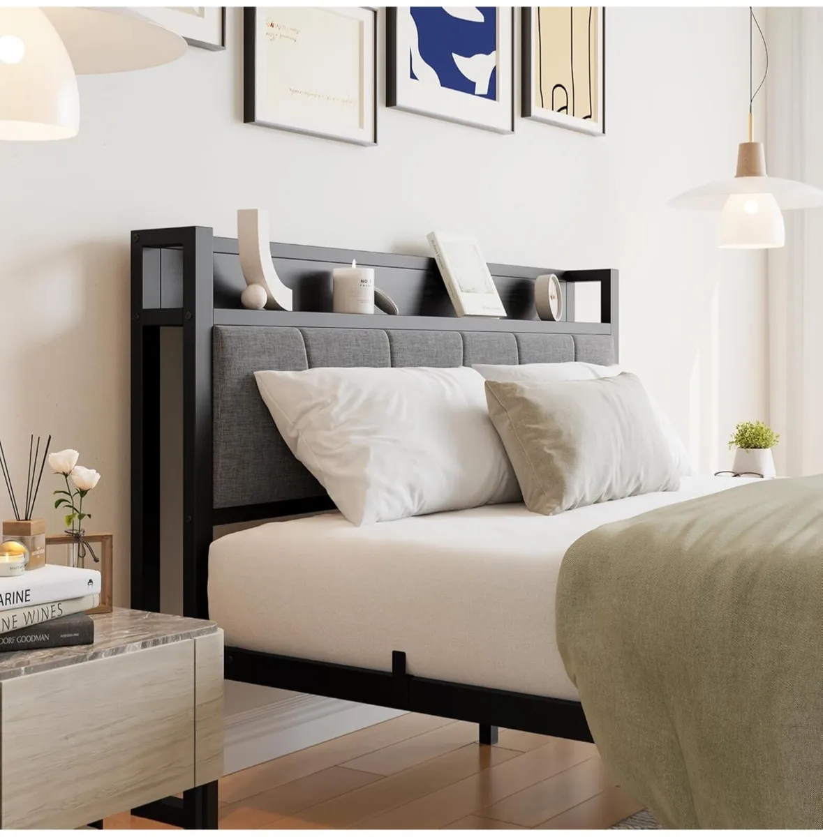 King Size Bed Frame with Wooden Storage Headboard - Image 4