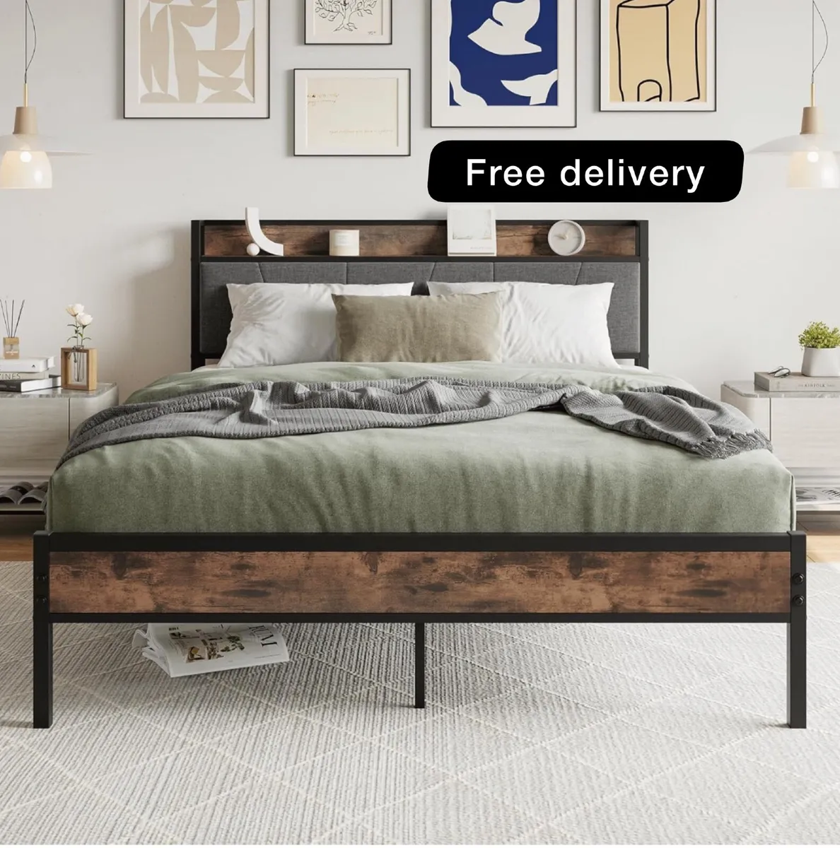 King Size Bed Frame with Wooden Storage Headboard - Image 1