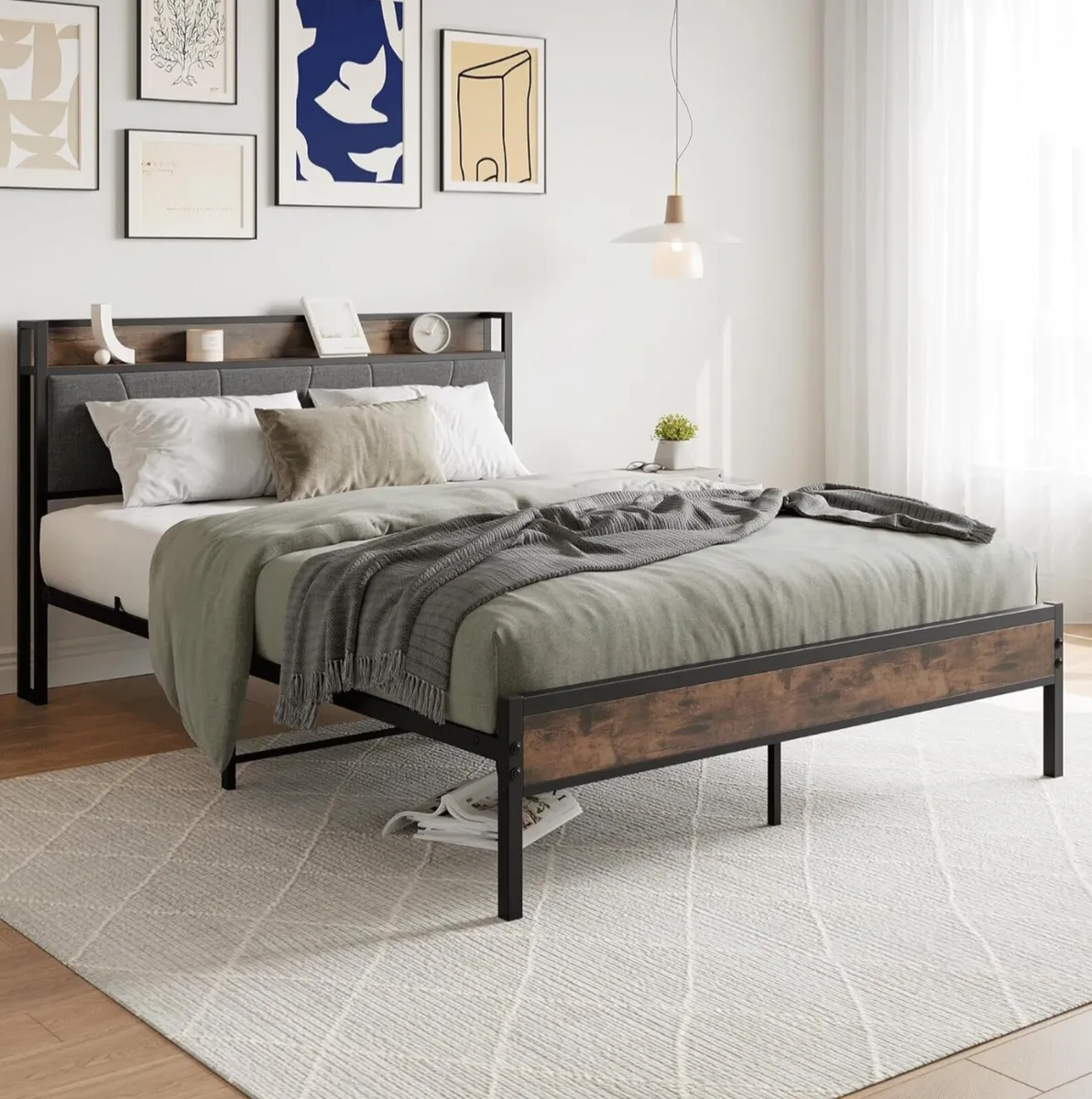King Size Bed Frame with Wooden Storage Headboard - Image 1