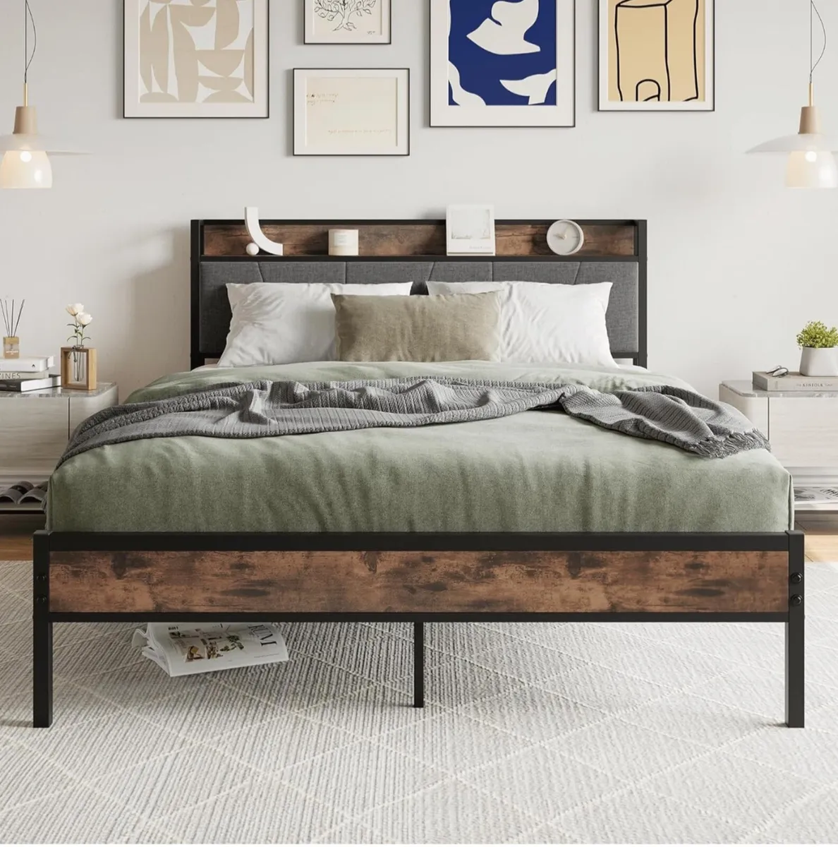 King Size Bed Frame with Wooden Storage Headboard - Image 4