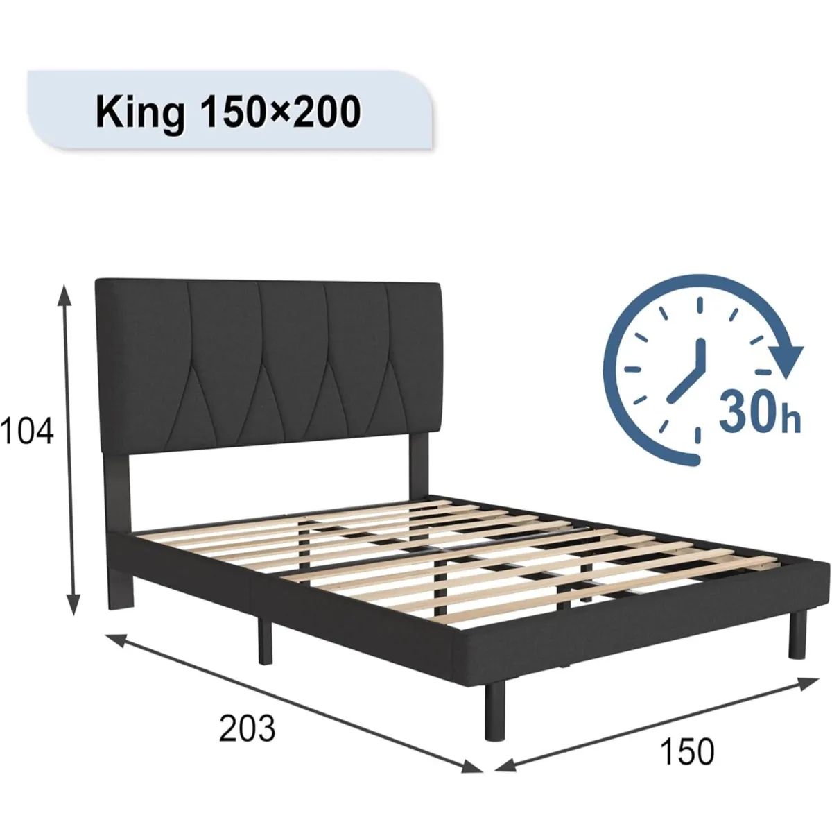 King Bed Frame, Black, Upholstered Wooden Slat Bed - Image 2