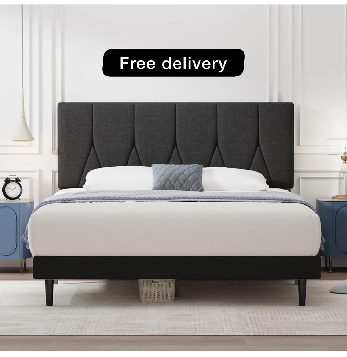 King Bed Frame, Black, Upholstered Wooden Slat Bed - Image 1