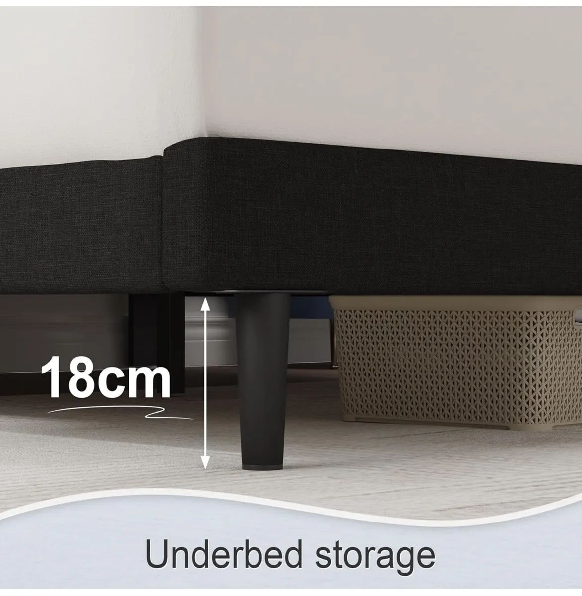 King Bed Frame, Black, Upholstered Wooden Slat Bed - Image 3