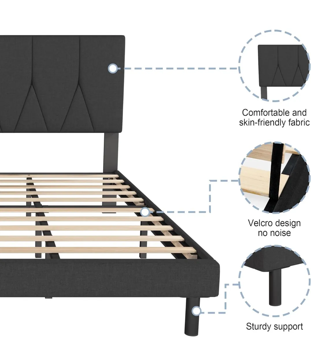 King Bed Frame, Black, Upholstered Wooden Slat Bed - Image 4