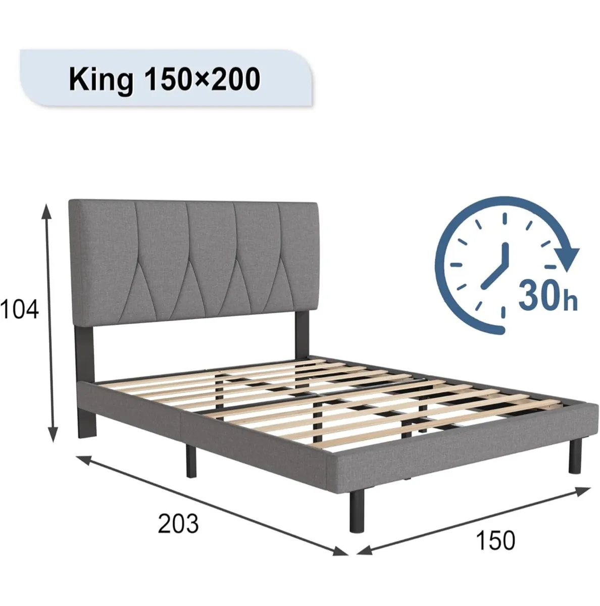 King Bed Frame, Light Grey, Upholstered Wooden Sla - Image 3