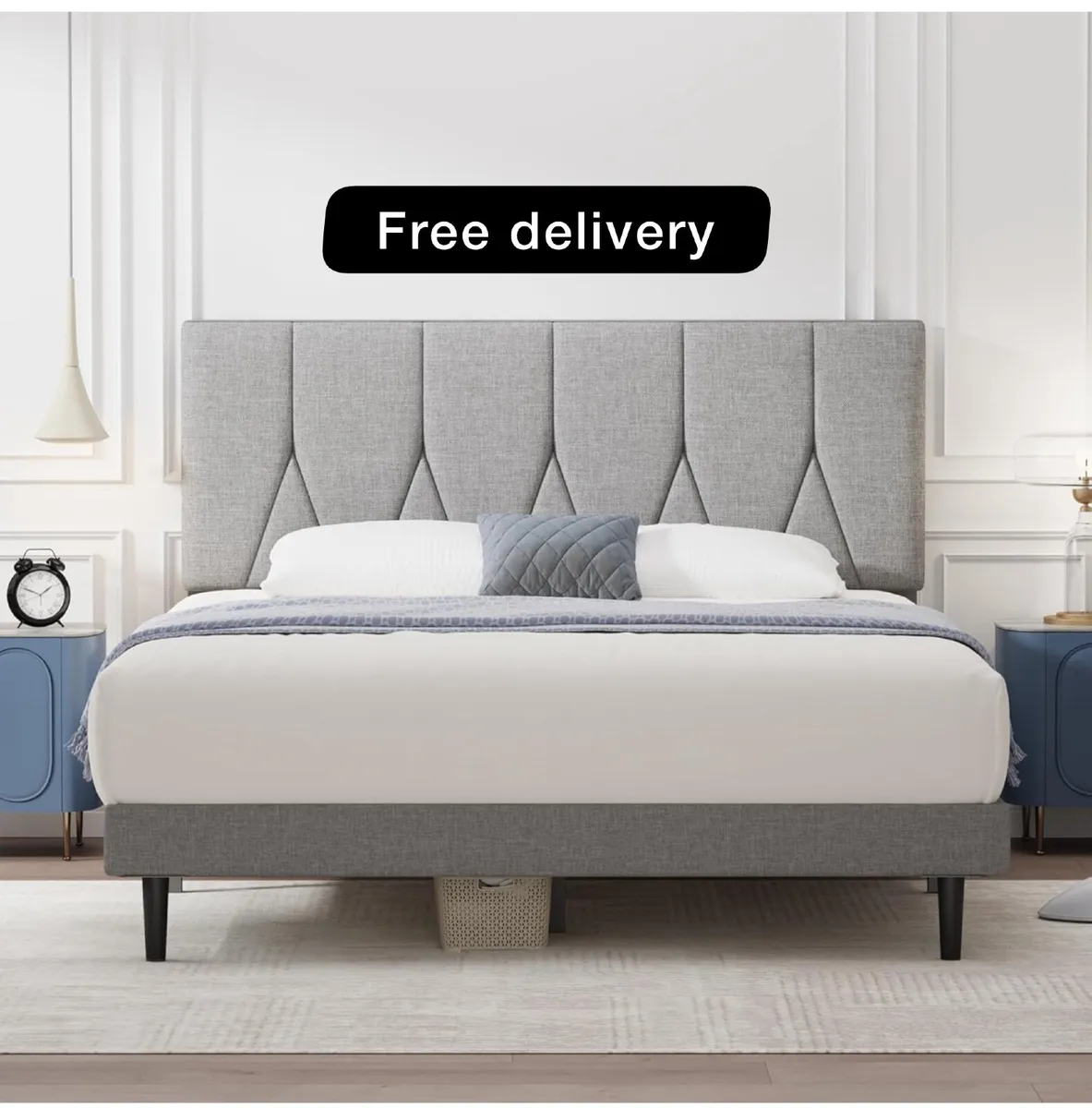 King Bed Frame, Light Grey, Upholstered Wooden Sla - Image 1