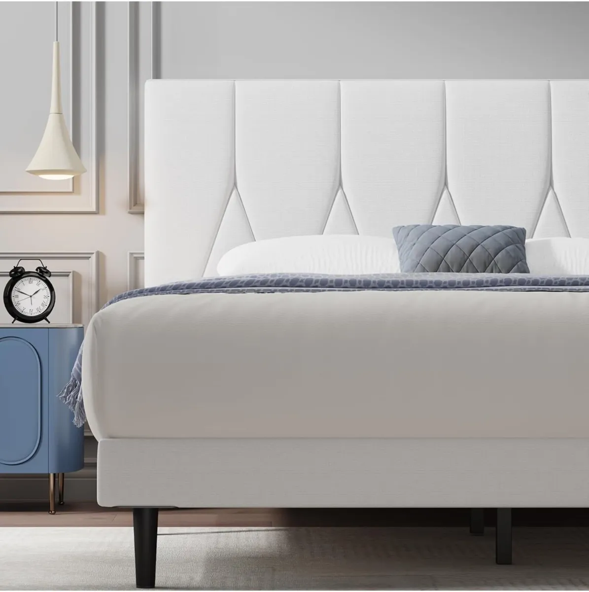 King Bed Frame, White, Upholstered Wooden Slat Bed - Image 3