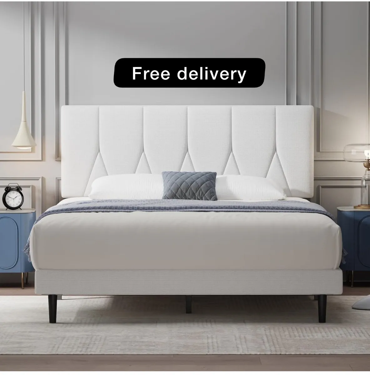 King Bed Frame, White, Upholstered Wooden Slat Bed - Image 1