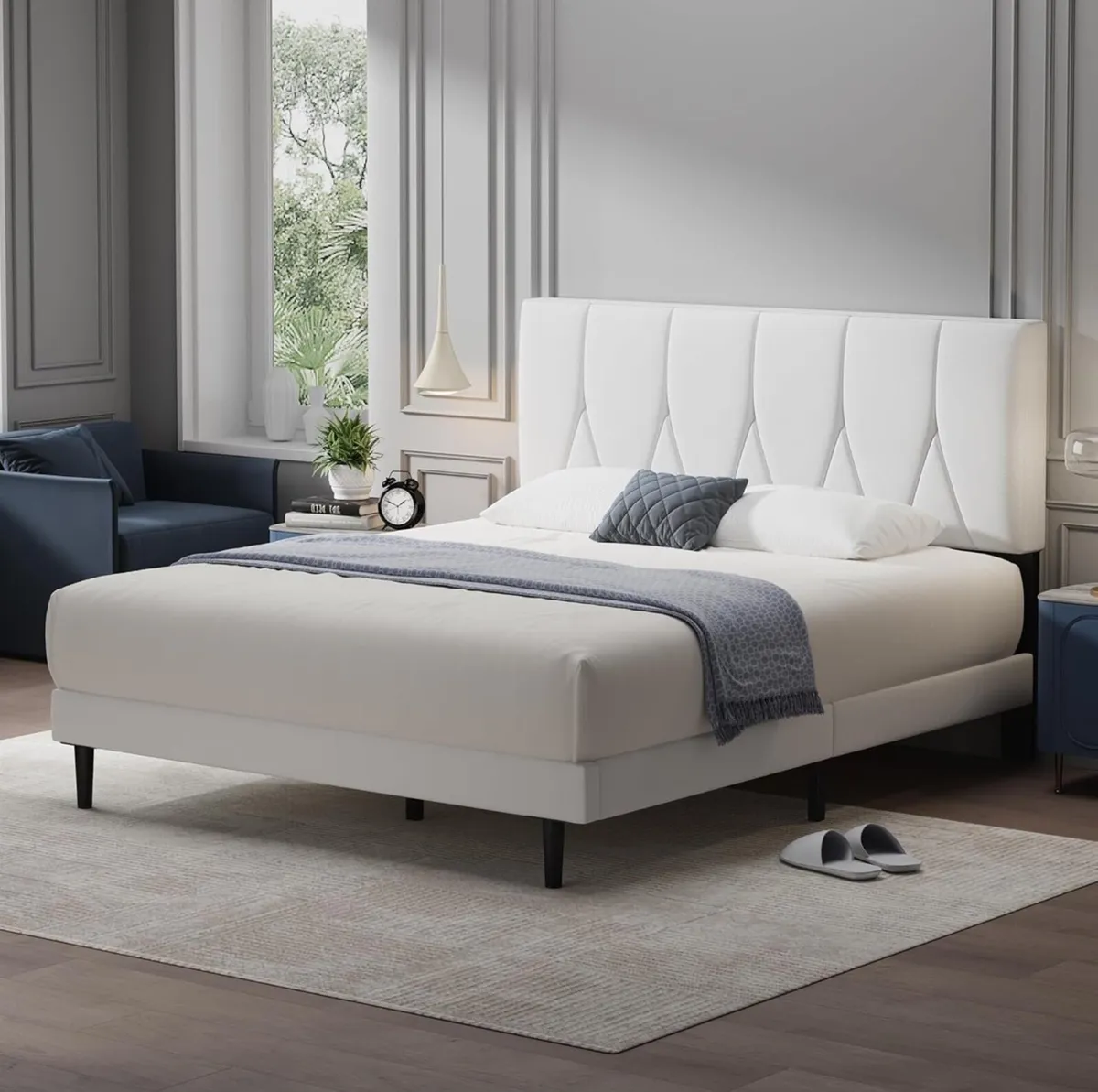King Bed Frame, White, Upholstered Wooden Slat Bed - Image 1