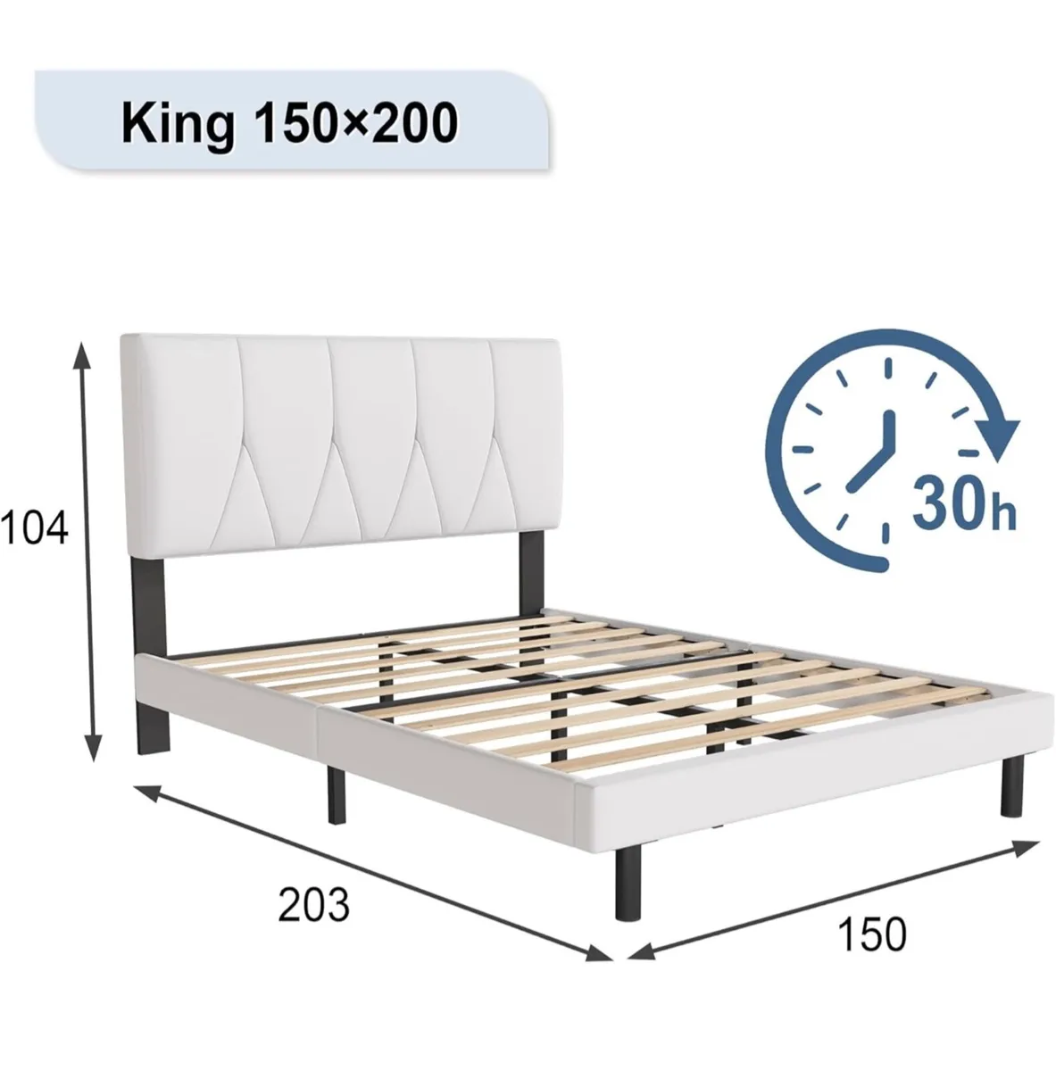 King Bed Frame, White, Upholstered Wooden Slat Bed - Image 4