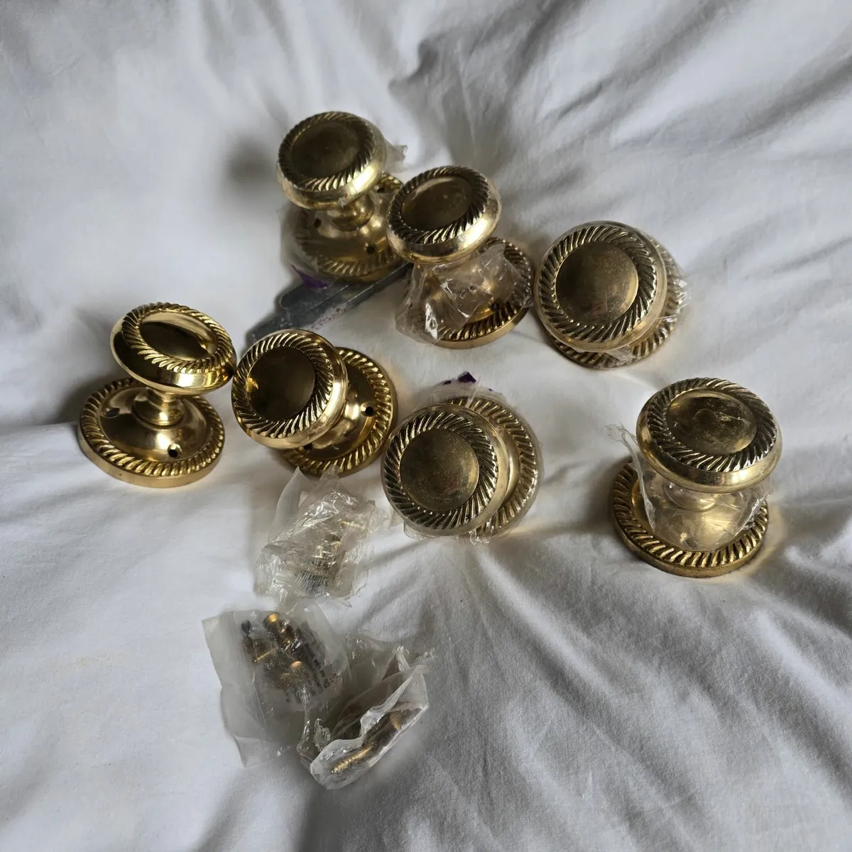 3 Brass Door Knob Sets (Rope-Edge Design) - Image 1