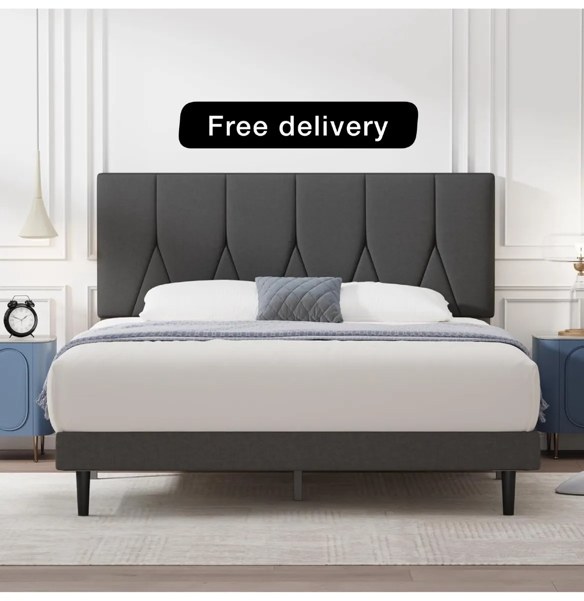 King Bed Frame, Dark Grey, Upholstered Wooden Slat - Image 2