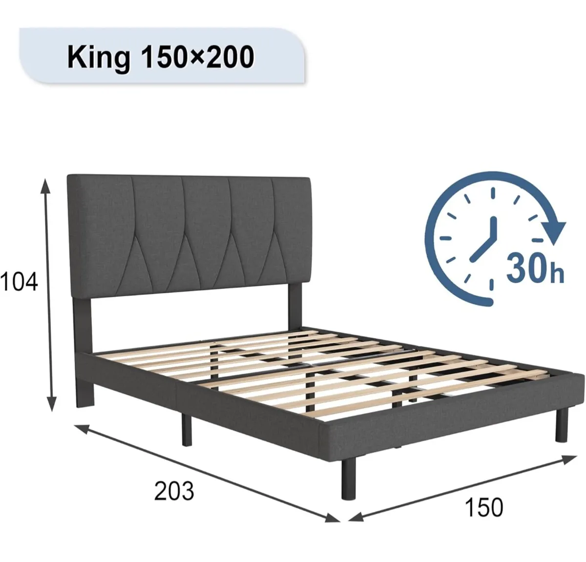 King Bed Frame, Dark Grey, Upholstered Wooden Slat - Image 4