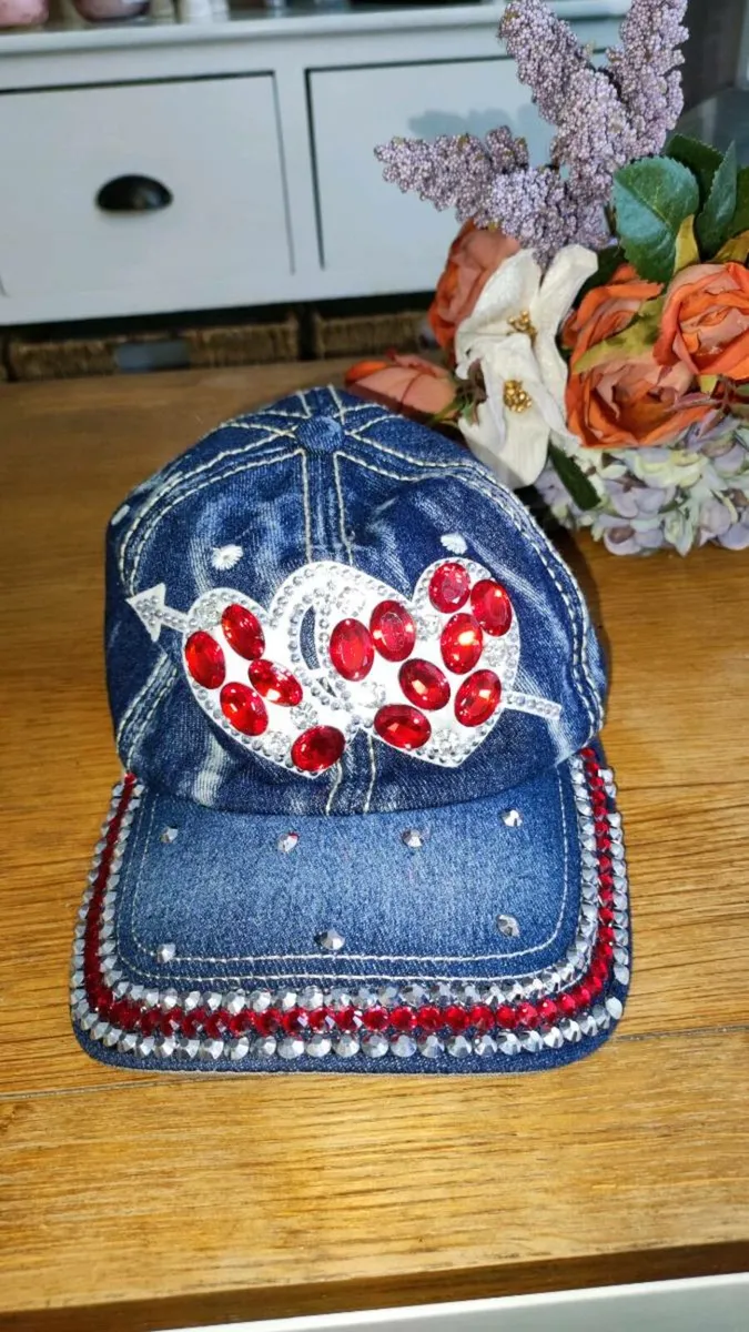 Y2K Blue Denim Cap (with red sequin hearts!) - Image 1