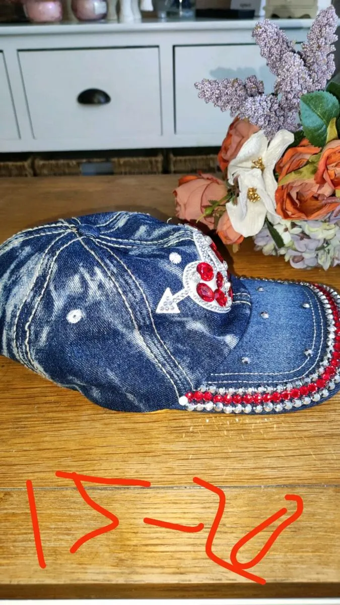 Y2K Blue Denim Cap (with red sequin hearts!) - Image 2