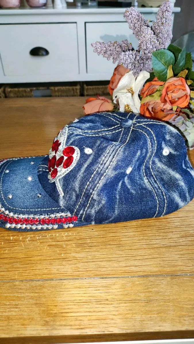 Y2K Blue Denim Cap (with red sequin hearts!) - Image 3